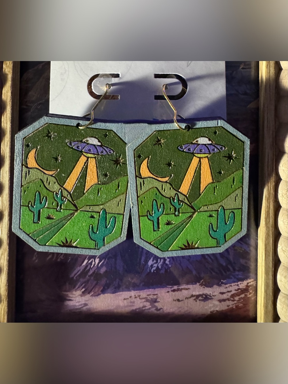 NWT Handmade Green Desert UFO Wood Drop Earrings